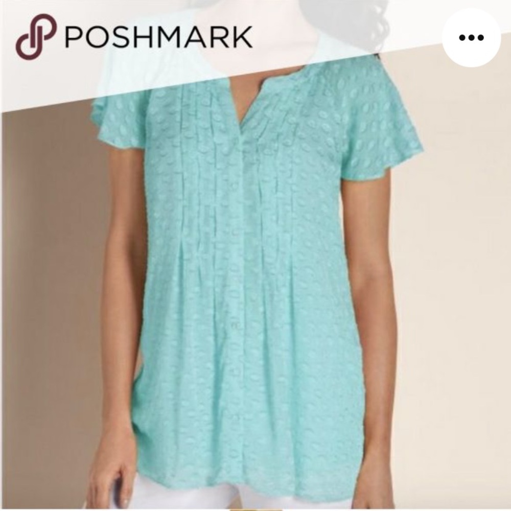 Soft Surroundings Blue Polka Dot Short Sleeve V-Neck Blouse - Size XS